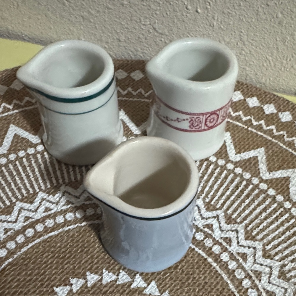 Vintage Set of Three Ceramic Creamers with Stripes & designs multicolored